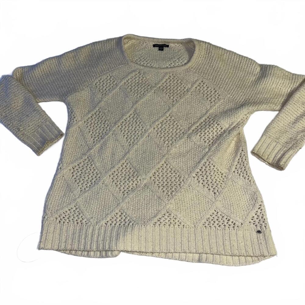 American Eagle Outfitters Cream Knit Sweater Woman’s Medium Crew Neck Cozy Eagle